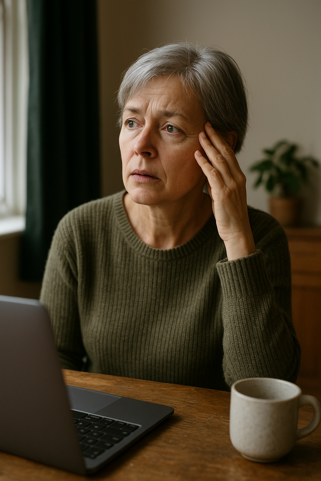 A mature woman pausing beside her laptop with a thoughtful expression