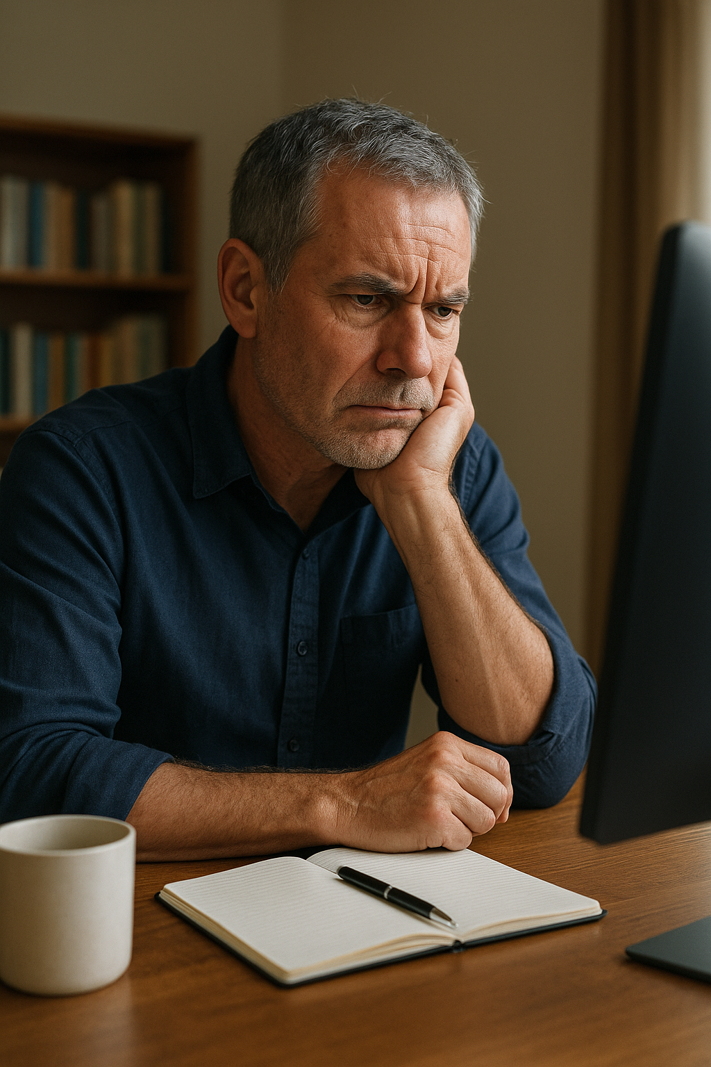 A mature man taking a thoughtful pause at his desk beside an open notebook