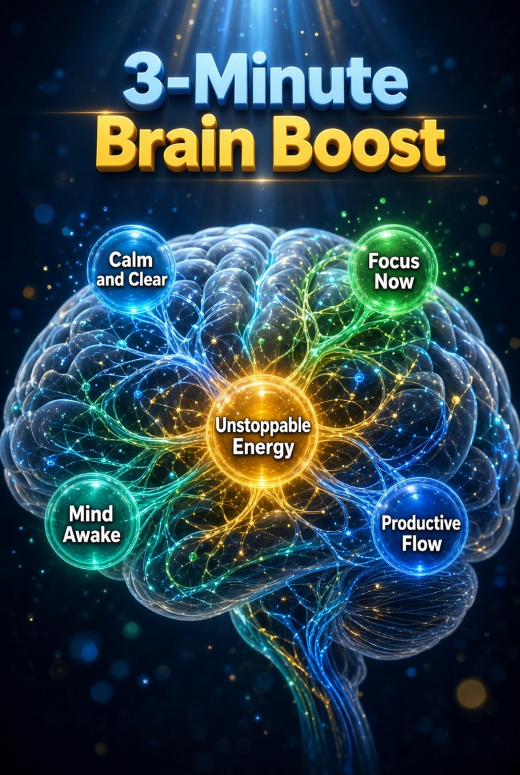 3-Minute Brain Boost cover: an illustrated glowing brain with affirmation themes for calm, focus, energy, and flow